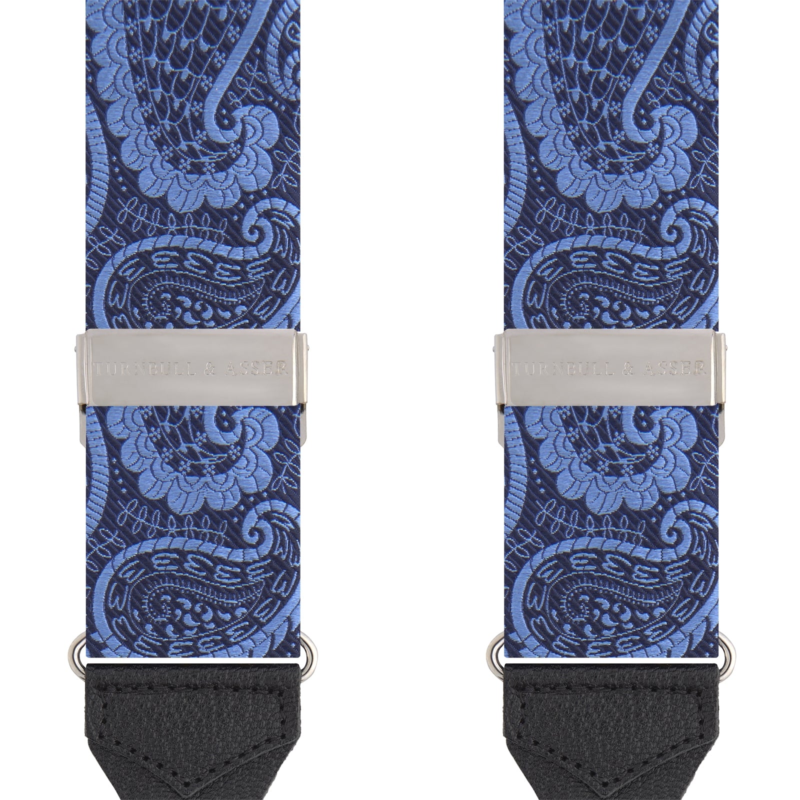 View 2 of product Two Jacquard Silk Paisley Braces by Turnbull & Asser, featuring a blue paisley pattern with black leather ends and silver hardware, displayed side by side on a white background.