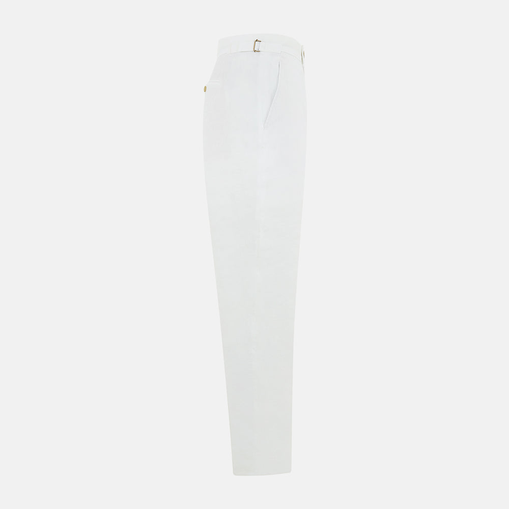 Turnbull & Asser White Linen Henry Trousers, featuring a straight-leg cut with front button and zip closure, are displayed against a plain white background.