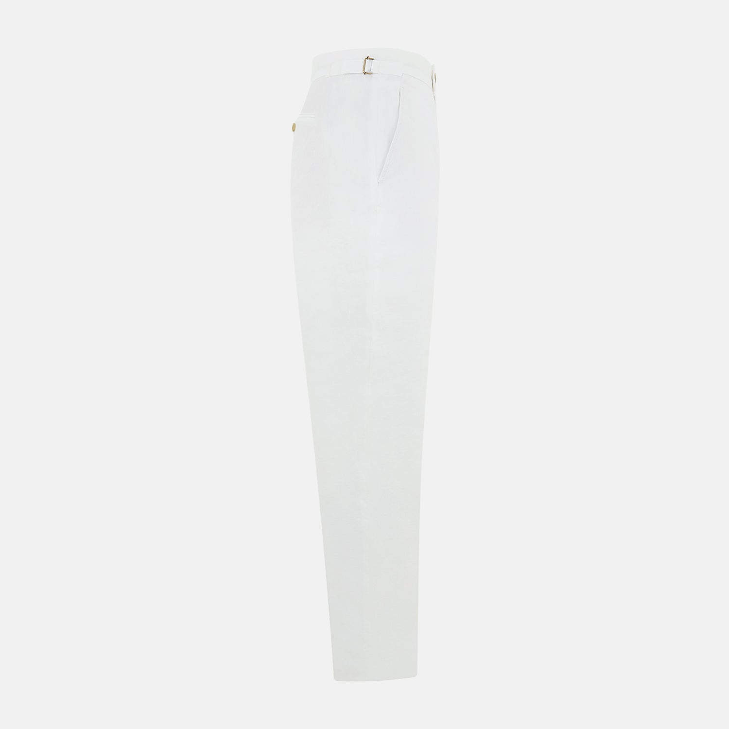 View 3 of product Turnbull & Asser White Linen Henry Trousers, featuring a straight-leg cut with front button and zip closure, are displayed against a plain white background.