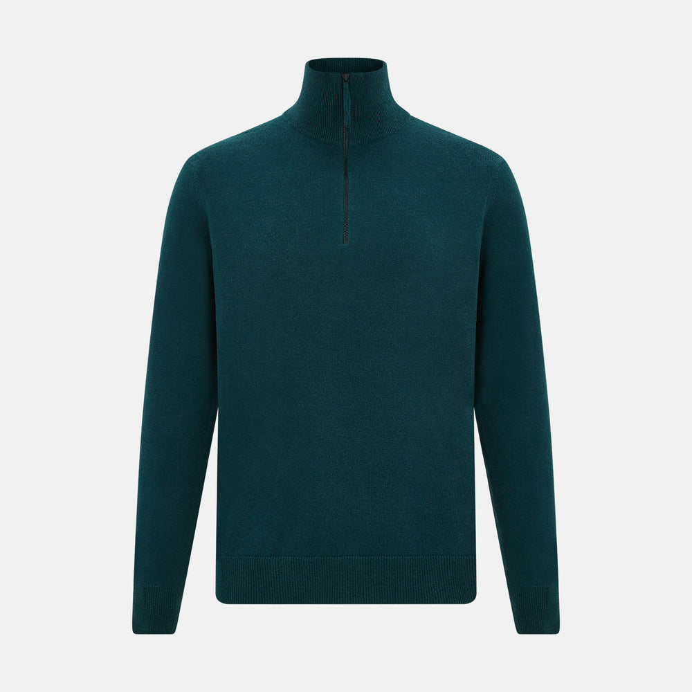 The Turnbull & Asser Hunter Green Half-Zip Cashmere Jumper is a classic knitwear pullover with long sleeves, a high mock neck, half-zip closure, and ribbed cuffs and hem, shown against a plain white background.