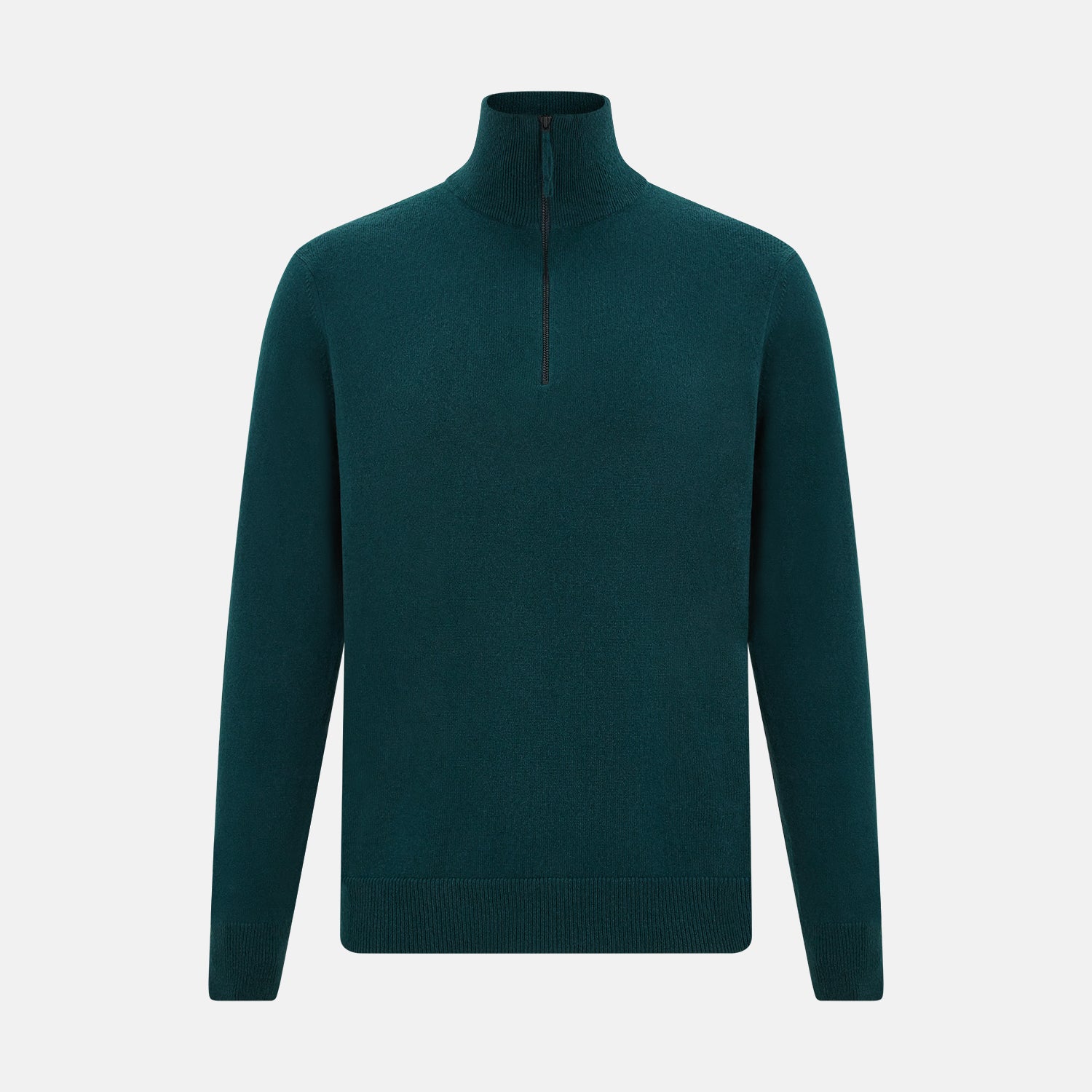 View 1 of product The Turnbull & Asser Hunter Green Half-Zip Cashmere Jumper is a classic knitwear pullover with long sleeves, a high mock neck, half-zip closure, and ribbed cuffs and hem, shown against a plain white background.