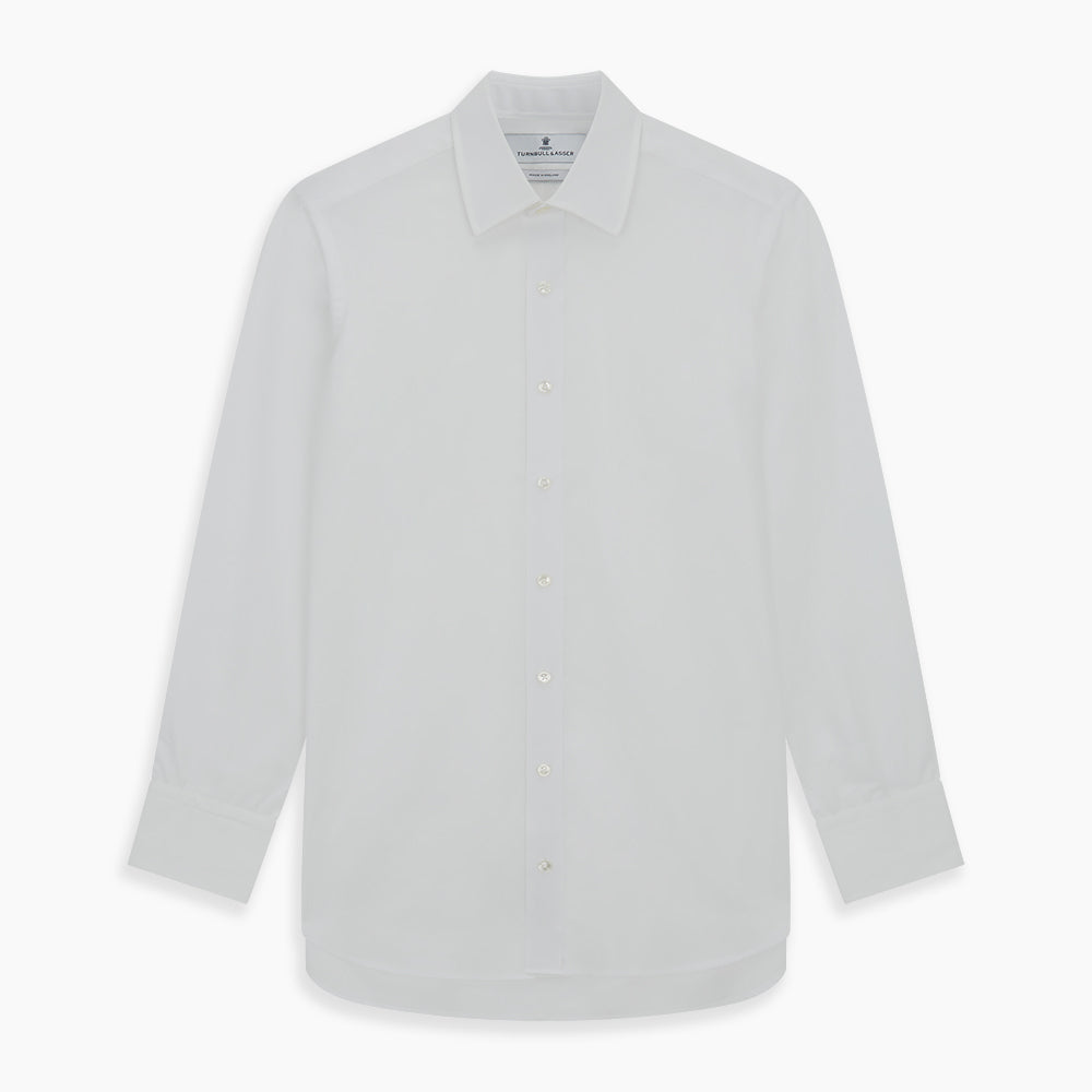 The Turnbull & Asser Plain White Cotton Shirt features a T&A collar and 3-button cuffs, making it perfect for statement ties or minimalist styles. Displayed against a white background.
