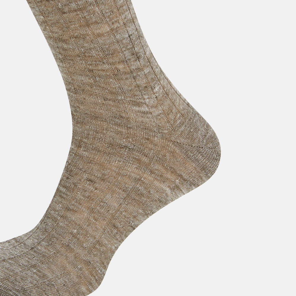 Turnbull & Asser Coffee Linen Mid-Length Sock—brown, textured heathered fabric, displayed upright on white. Ideal for comfortable everyday wear.