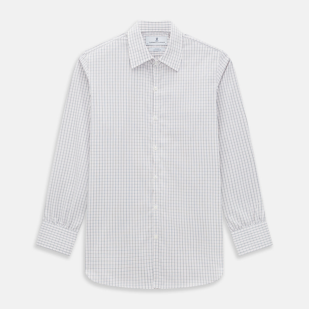 The Blue and Red Graph Check Westminster Shirt by Turnbull & Asser features a classic collar, long sleeves, and British craftsmanship, with a blue and red checkered pattern on white, displayed flat on a white surface.