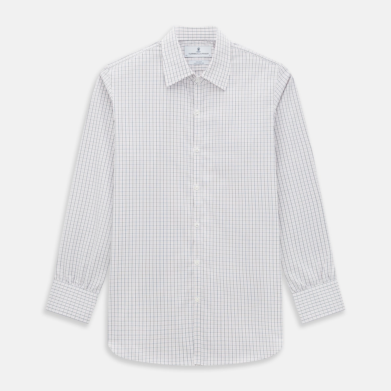 View 1 of product The Blue and Red Graph Check Westminster Shirt by Turnbull & Asser features a classic collar, long sleeves, and British craftsmanship, with a blue and red checkered pattern on white, displayed flat on a white surface.