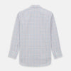 View 5 of product The Turnbull & Asser Pink Multi Double Grid Check Mayfair Shirt, made from organic cotton with a pointed collar and buttoned cuffs, features a light pink base with blue and red grid checks and is shown flat on a white background.