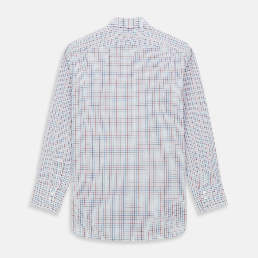 The Turnbull & Asser Pink Multi Double Grid Check Mayfair Shirt, made from organic cotton with a pointed collar and buttoned cuffs, features a light pink base with blue and red grid checks and is shown flat on a white background.