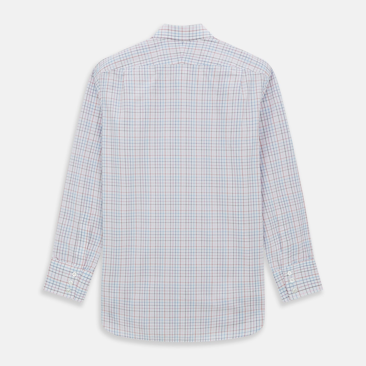 View 5 of product The Turnbull & Asser Pink Multi Double Grid Check Mayfair Shirt, made from organic cotton with a pointed collar and buttoned cuffs, features a light pink base with blue and red grid checks and is shown flat on a white background.