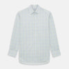 View 1 of product The Turnbull & Asser Multi Tone Double Grid Check Mayfair Shirt is a long-sleeve, button-up with a classic collar, showcasing pure cotton light blue, green, and yellow grid checks on white, neatly displayed flat against a white surface.