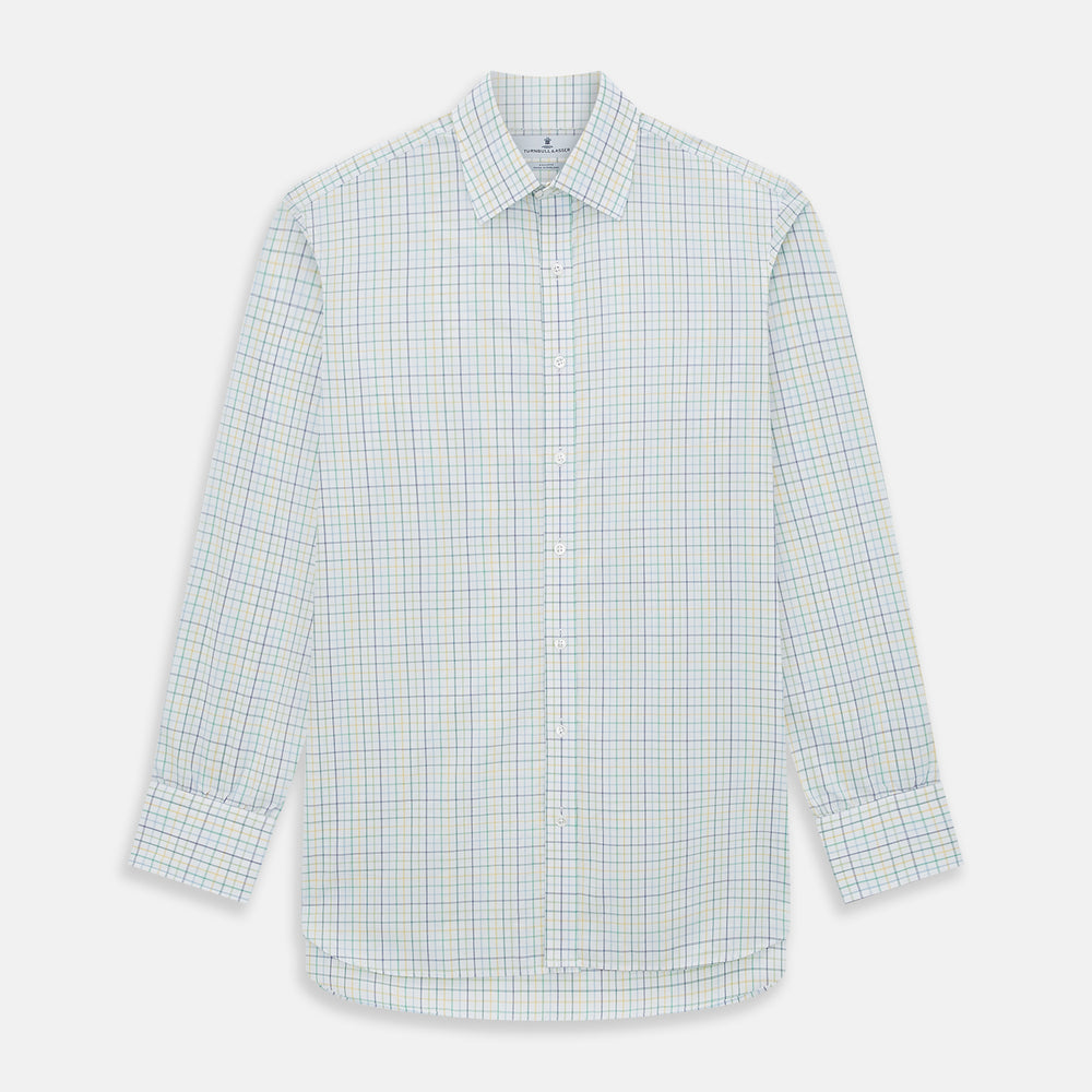 The Turnbull & Asser Multi Tone Double Grid Check Mayfair Shirt is a long-sleeve, button-up with a classic collar, showcasing pure cotton light blue, green, and yellow grid checks on white, neatly displayed flat against a white surface.