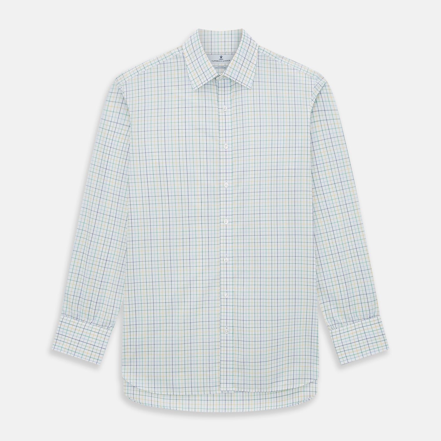 View 1 of product The Turnbull & Asser Multi Tone Double Grid Check Mayfair Shirt is a long-sleeve, button-up with a classic collar, showcasing pure cotton light blue, green, and yellow grid checks on white, neatly displayed flat against a white surface.