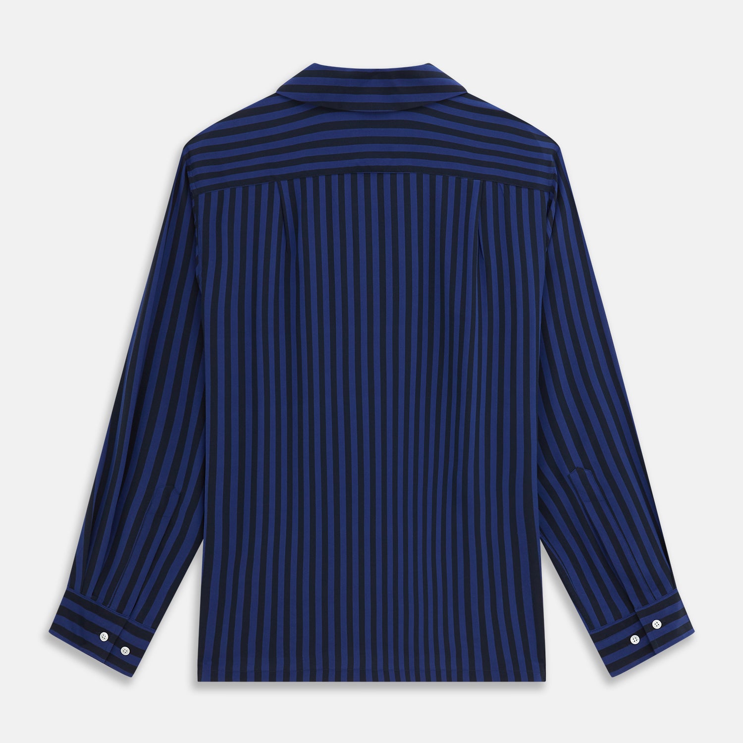 View 5 of product The Turnbull & Asser Navy and Blue Multi Stripe Silk Holiday Fit Winnington Shirt features white buttons, a notched collar, and a chest pocket, shown laid flat on a white background.