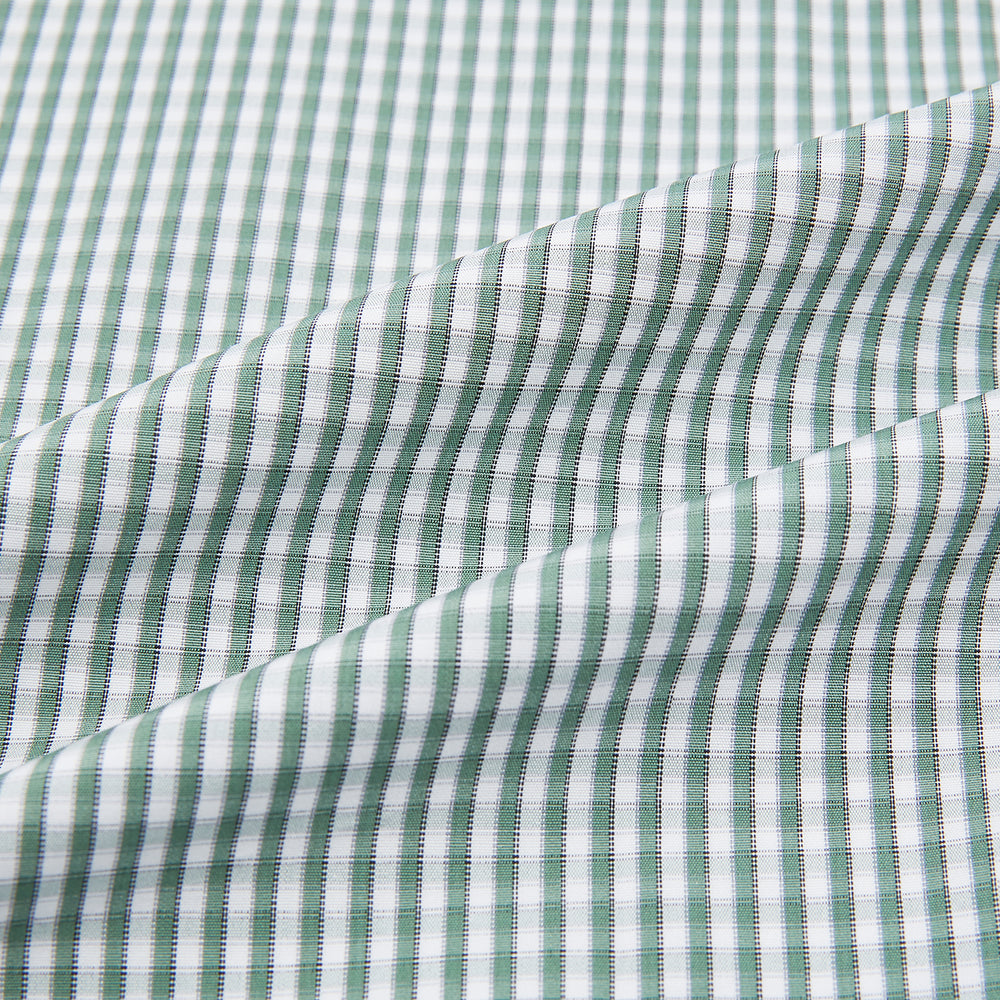 The Turnbull & Asser Green Fine Check Mayfair Shirt, crafted from fine Italian cotton with a pointed collar and buttoned cuffs, is shown laid flat on a white background.