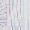 View 11 of product The Turnbull & Asser Pink and Blue Wide Pinstripe Mayfair Shirt features long sleeves, T&A collar, button-down front, and buttoned cuffs. It has bold pink and blue pinstripes on white and is laid flat on a white surface.
