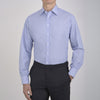 View 2 of product The Turnbull & Asser Blue Hairline Stripe Shirt features a T&A collar, 3-button cuffs, and white buttons. Made from light blue cotton with subtle stripes, it’s neatly folded with the label visible inside the collar on a plain white background.