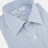 View 2 of product The Turnbull & Asser Blue Shadow Stripe Mayfair Shirt is a long-sleeve button-up with a T&A collar and thin blue vertical stripes on white, shown on a plain white background.