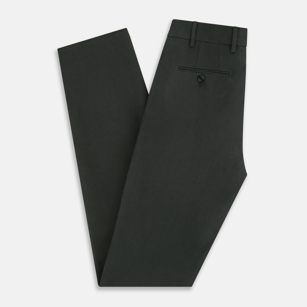 The Forest Green Henry B Trousers by Turnbull & Asser feature a minimalist straight-leg design in a wool/cashmere blend with belt loops and button closure, shown against a plain white background.