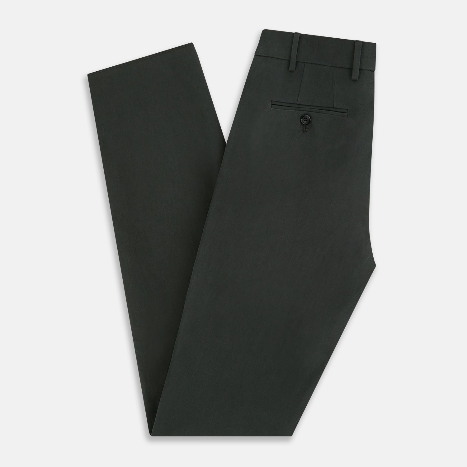 View 14 of product The Forest Green Henry B Trousers by Turnbull & Asser feature a minimalist straight-leg design in a wool/cashmere blend with belt loops and button closure, shown against a plain white background.