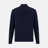 View 3 of product The Turnbull & Asser Navy High Neck Merino Zipped Cardigan is a long-sleeve knit with ribbed mock neck, cuffs, and hem, shown on a plain white background.