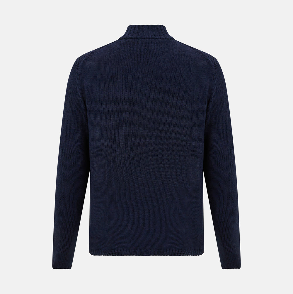 The Turnbull & Asser Navy High Neck Merino Zipped Cardigan is a long-sleeve knit with ribbed mock neck, cuffs, and hem, shown on a plain white background.