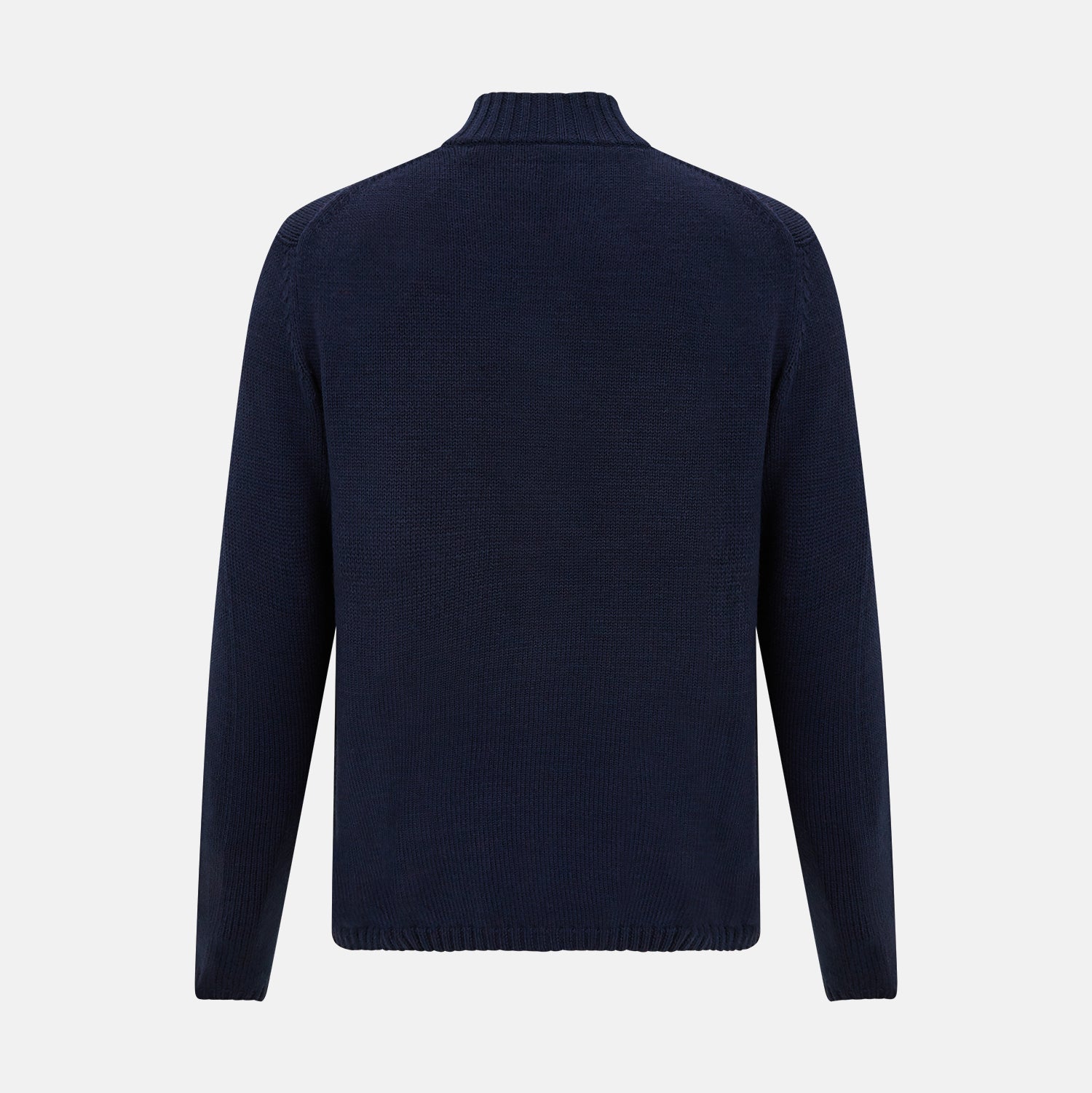 View 3 of product The Turnbull & Asser Navy High Neck Merino Zipped Cardigan is a long-sleeve knit with ribbed mock neck, cuffs, and hem, shown on a plain white background.