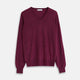 The Turnbull & Asser Plum Fine Merino V-Neck Jumper is a lightweight, long-sleeved layer in deep burgundy, featuring ribbed cuffs and hem for a refined finish, displayed against a white background.