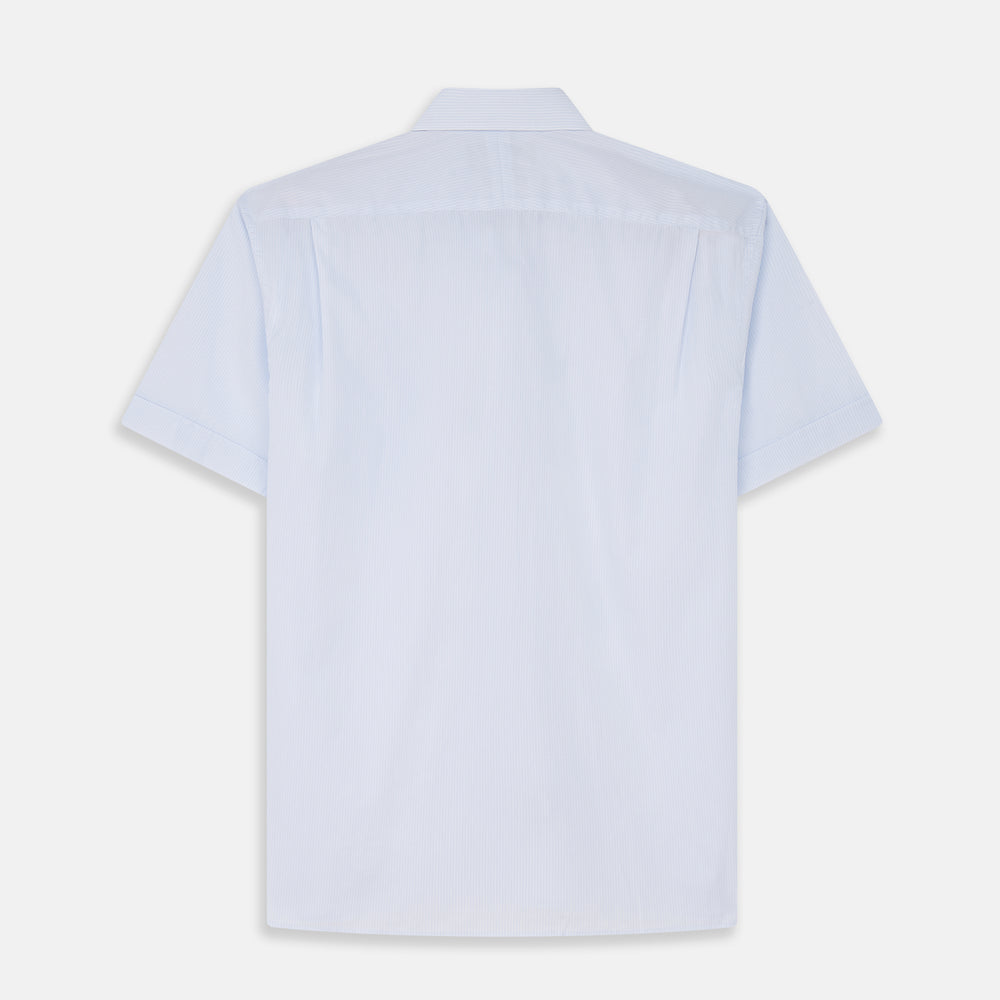The Turnbull & Asser Pale Blue Stripe Cotton Weekend Fit Williams Shirt features short sleeves, a collar, a single chest pocket, and Italian cotton material, displayed on a plain white background.