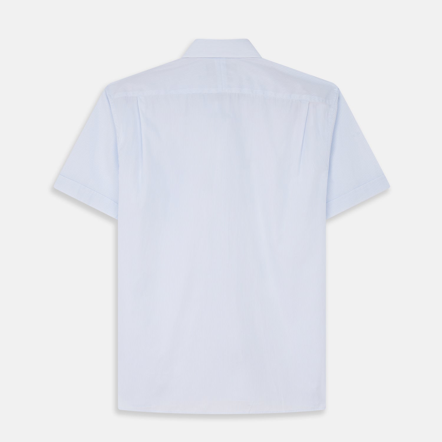View 4 of product The Turnbull & Asser Pale Blue Stripe Cotton Weekend Fit Williams Shirt features short sleeves, a collar, a single chest pocket, and Italian cotton material, displayed on a plain white background.