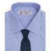 View 4 of product The Turnbull & Asser Blue Hairline Stripe Shirt features a T&A collar, 3-button cuffs, and white buttons. Made from light blue cotton with subtle stripes, it’s neatly folded with the label visible inside the collar on a plain white background.