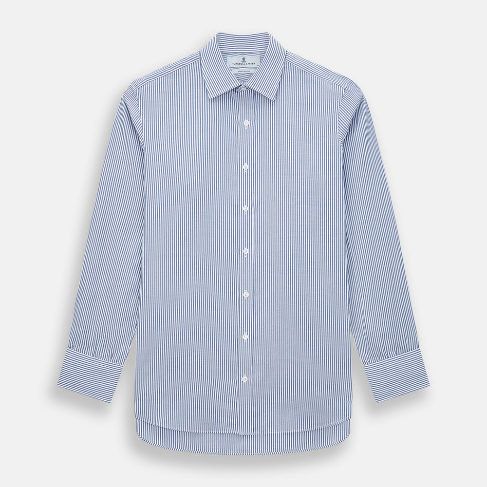 The Turnbull & Asser Navy Bengal Stripe Mayfair Shirt is a long-sleeved, collared formal shirt with blue and white stripes, white buttons, and buttoned cuffs—ideal for classic style enthusiasts. Displayed on a plain white background.