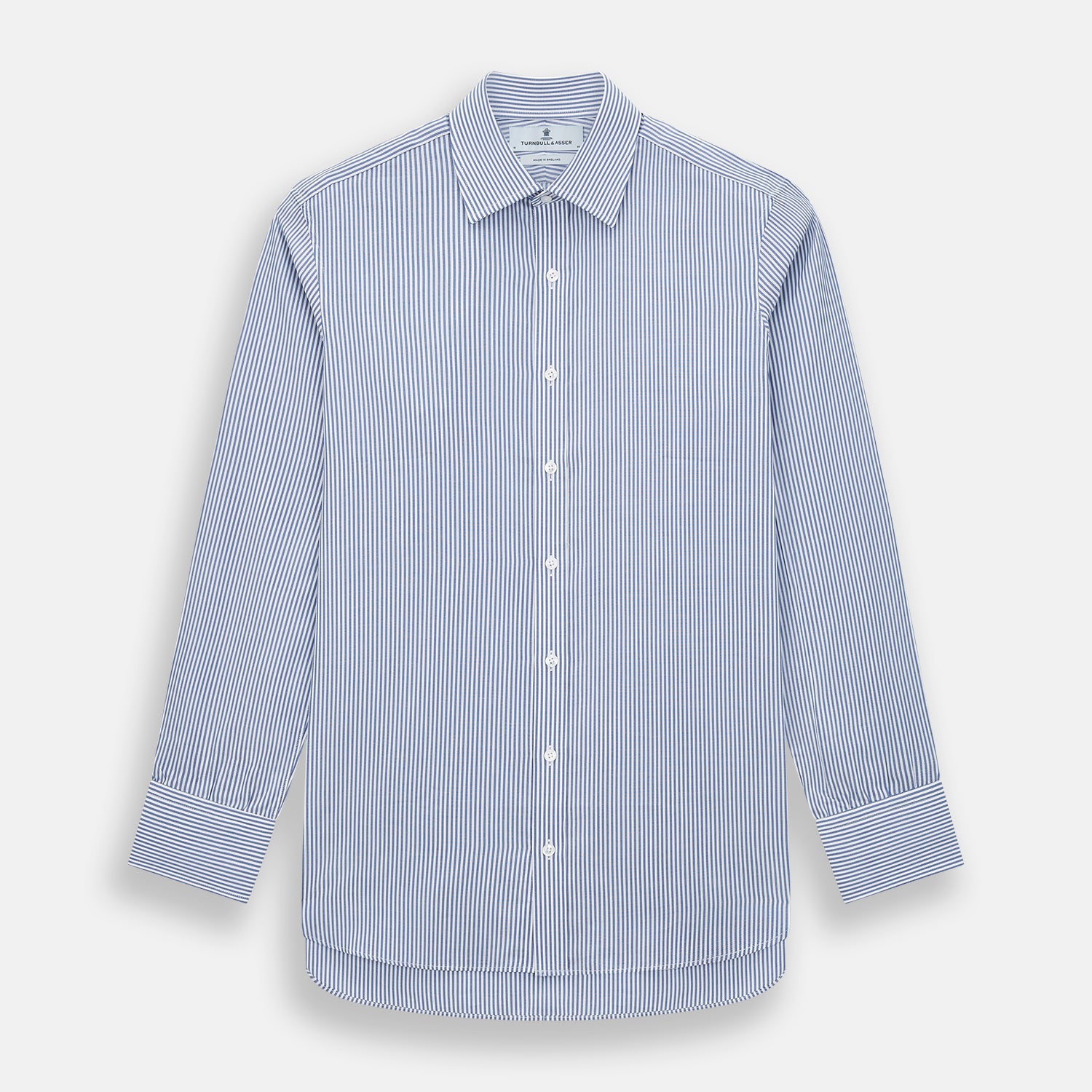 View 1 of product The Turnbull & Asser Navy Bengal Stripe Mayfair Shirt is a long-sleeved, collared formal shirt with blue and white stripes, white buttons, and buttoned cuffs—ideal for classic style enthusiasts. Displayed on a plain white background.