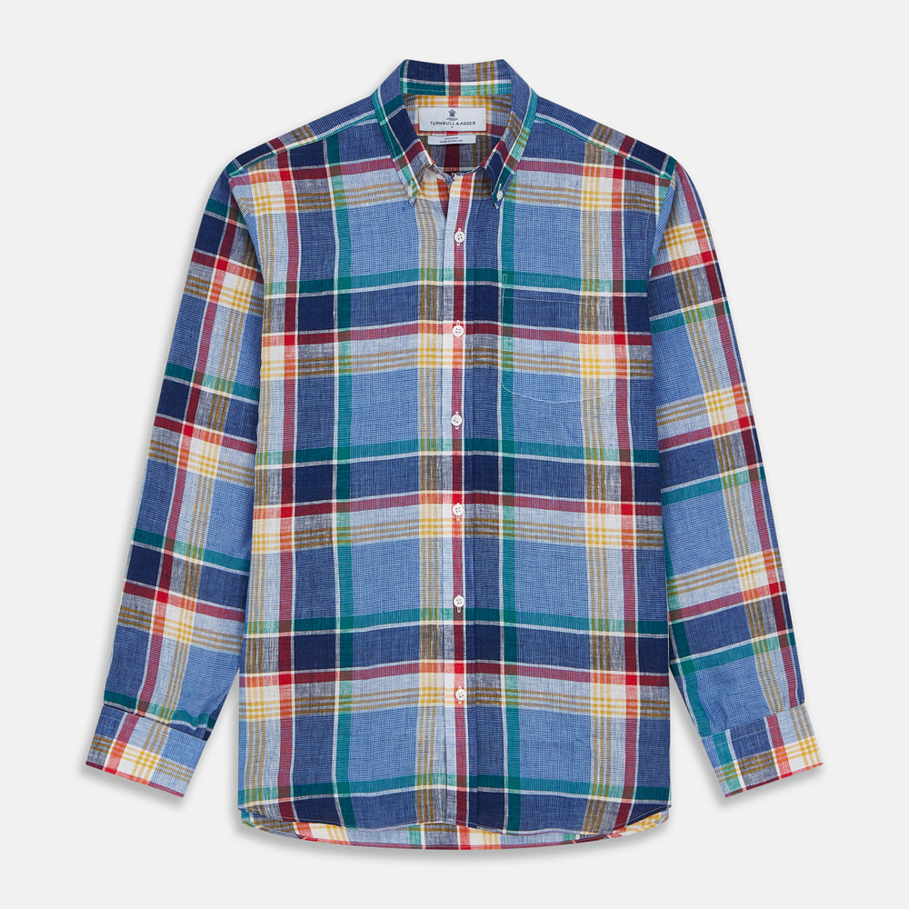 The Blue Multi Check Linen Weekend Fit Suffolk Shirt by Turnbull & Asser features a classic collar, white buttons, chest pocket, and colorful blue, green, yellow, red, and white plaid—perfect for a casual weekend look.