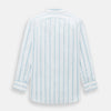 View 3 of product The Turnbull & Asser Turquoise Track Stripe Mayfair Shirt is crafted from Italian cotton with long sleeves, turquoise vertical stripes, a classic collar, and buttoned cuffs, displayed on a plain white background.