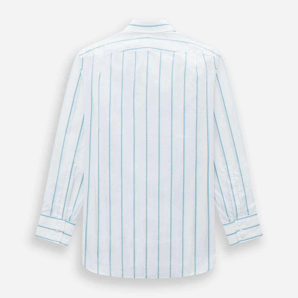 The Turnbull & Asser Turquoise Track Stripe Mayfair Shirt is crafted from Italian cotton with long sleeves, turquoise vertical stripes, a classic collar, and buttoned cuffs, displayed on a plain white background.