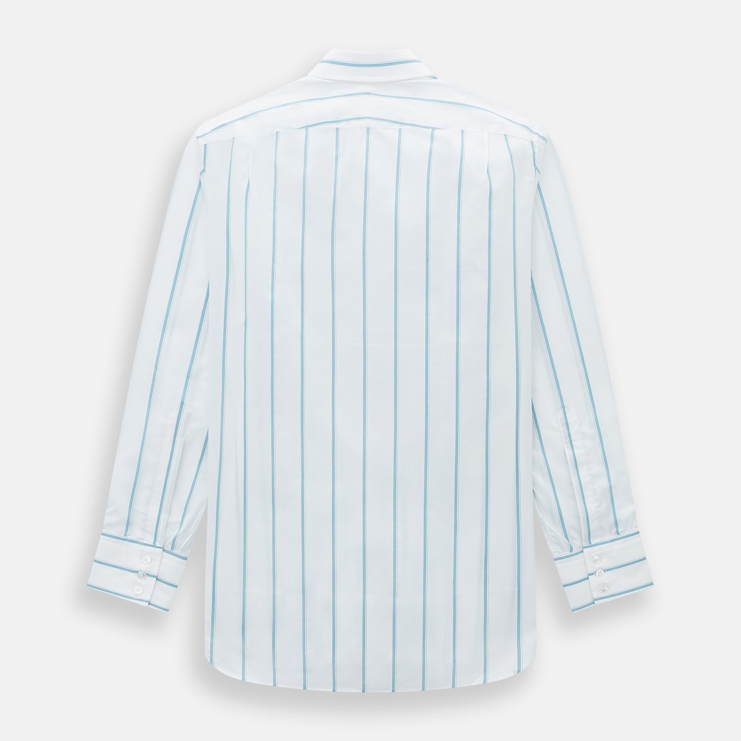 View 3 of product The Turnbull & Asser Turquoise Track Stripe Mayfair Shirt is crafted from Italian cotton with long sleeves, turquoise vertical stripes, a classic collar, and buttoned cuffs, displayed on a plain white background.