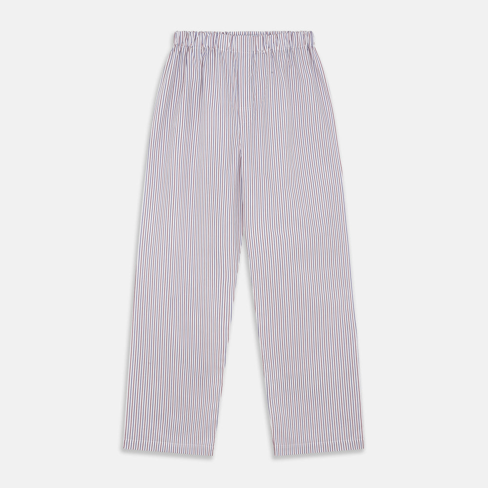The Turnbull & Asser Red and Blue Stripe Cotton Hastings Pyjama Trousers feature a loose fit with an elastic waistband for comfort, showcasing bold red and blue stripes on soft cotton, displayed against a plain white background.