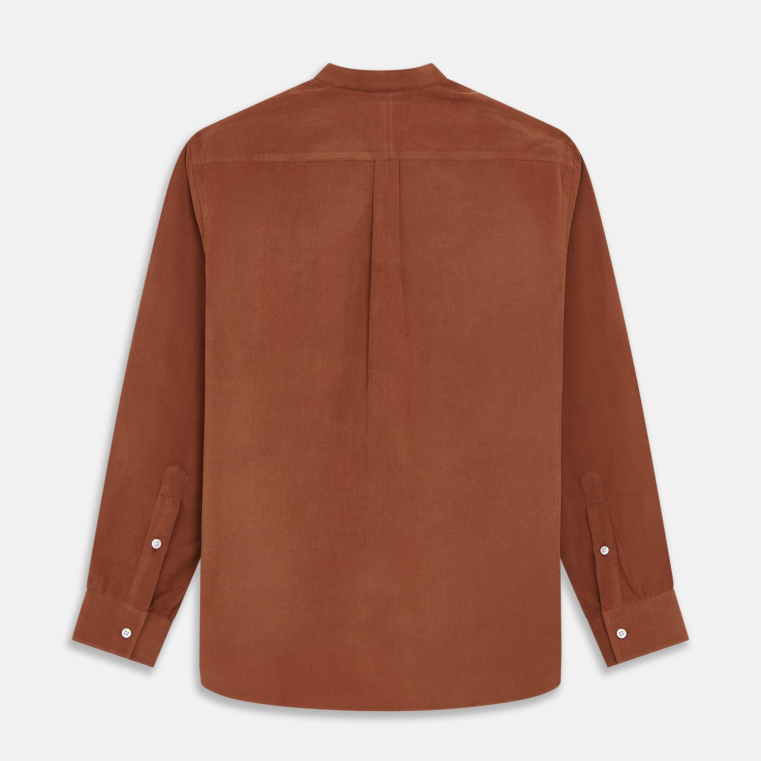 View 5 of product The Turnbull & Asser Rust Cotton Weekend Fit Blake Shirt features long sleeves, a stand collar, and white buttons—an ideal casual piece displayed flat on a white background.