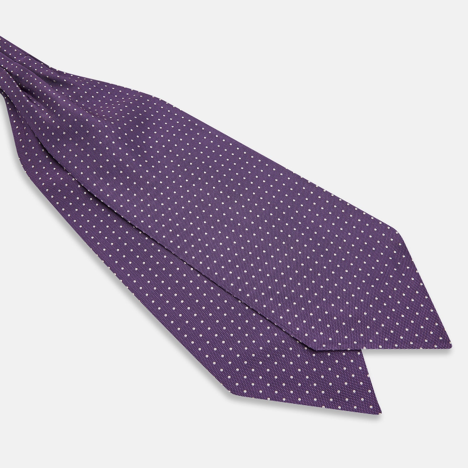 View 2 of product The Lilac and Purple Micro Dot Silk Cravat by Turnbull & Asser features evenly spaced white dots—offering an elegant, handmade accent to your formal ensemble or pocket square collection.