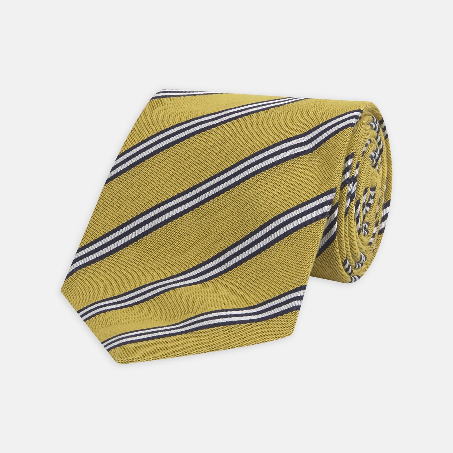 View 1 of product The Turnbull & Asser GGT92000 3042 11 OS is a classic yellow necktie with diagonal black and white stripes, rolled elegantly on a white background.