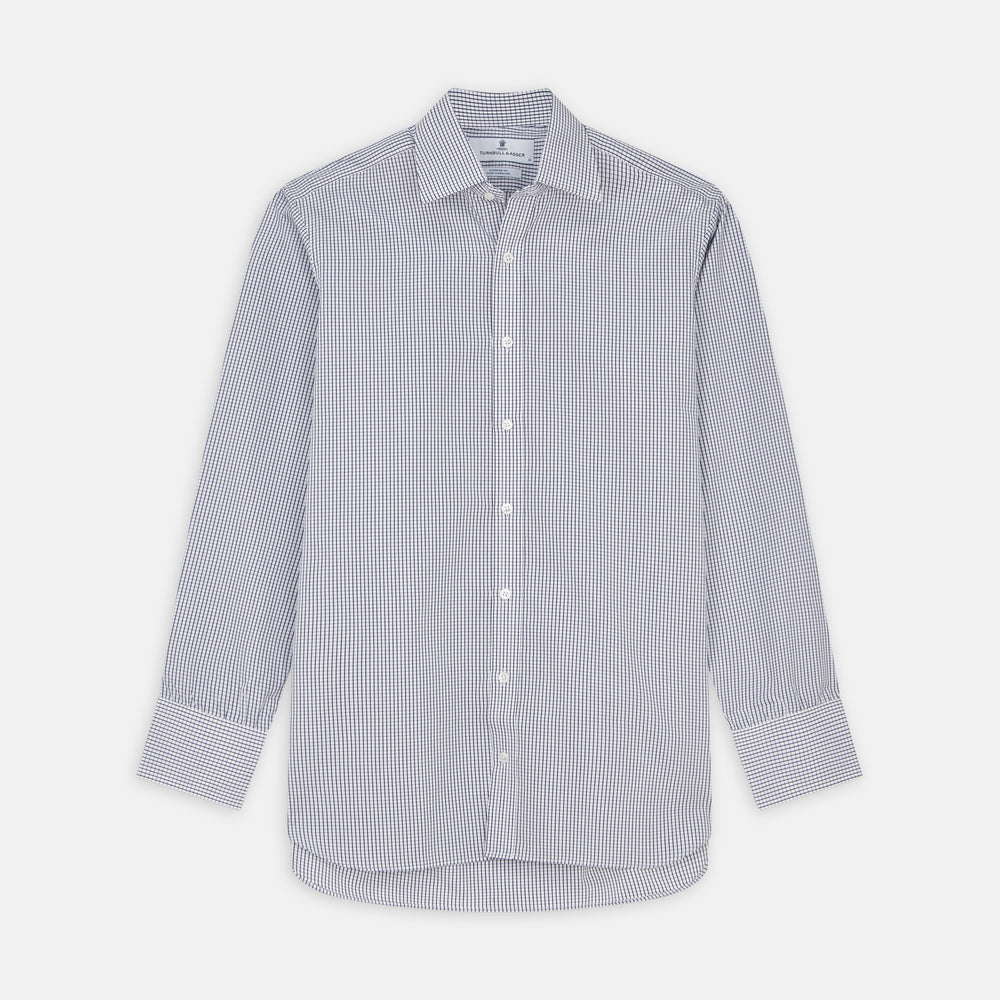 The Navy Check Cotton Regular Fit Mayfair Shirt by Turnbull & Asser features a timeless checked pattern for a classic look.