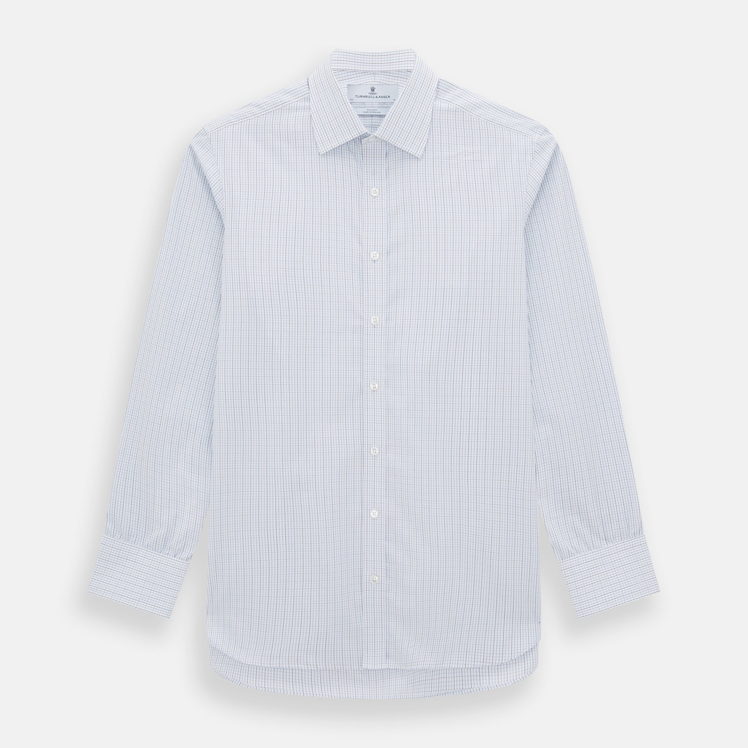 View 1 of product The Turnbull & Asser Pale Blue and Navy Grid Check Mayfair Shirt is a long-sleeve, button-up shirt made from fine Italian cotton, featuring a pointed collar and buttoned cuffs, shown against a plain white background.