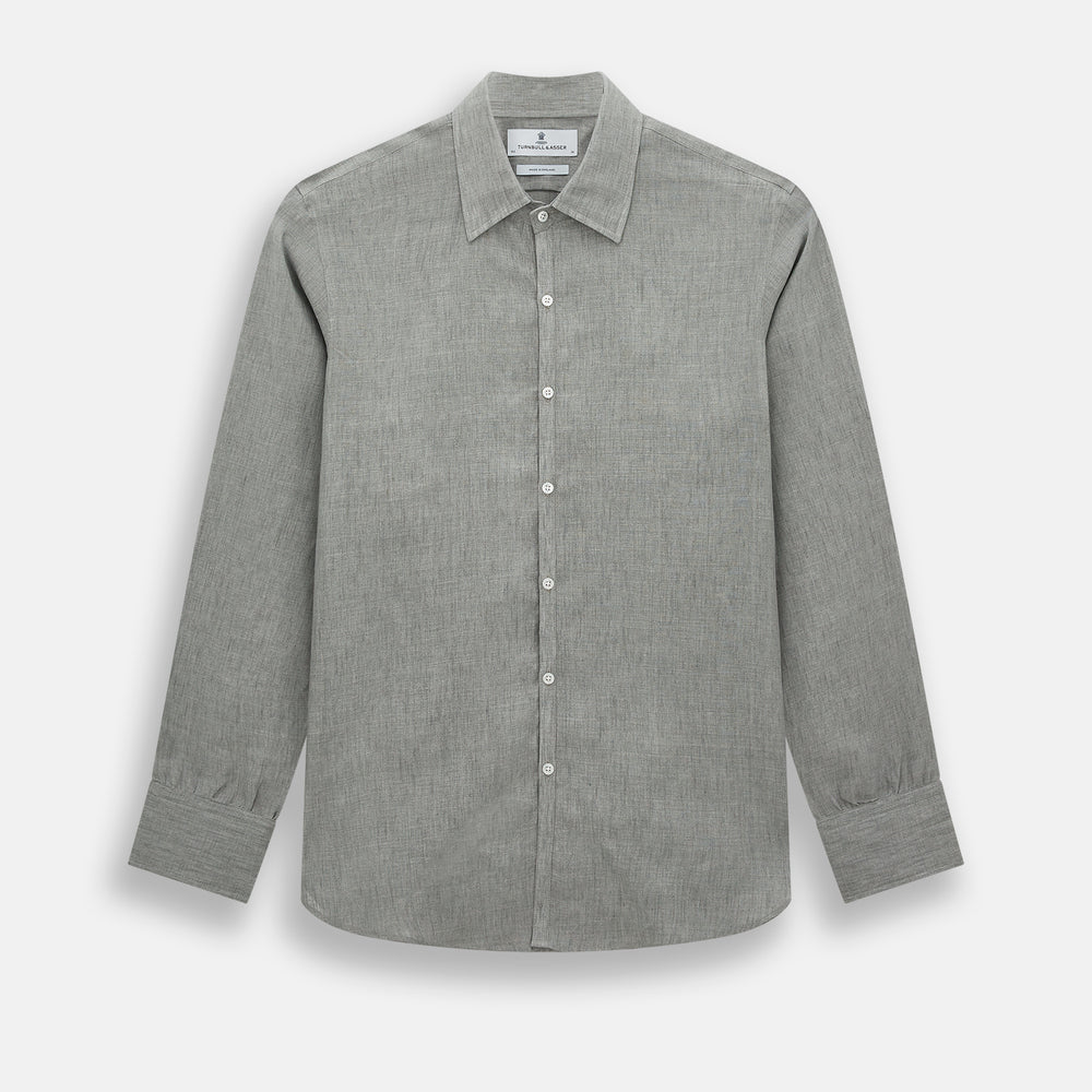 The Flint Grey Linen Westminster Shirt by Turnbull & Asser features long sleeves, a pointed Westminster collar, white buttons, and fine British craftsmanship, shown on a plain white background.