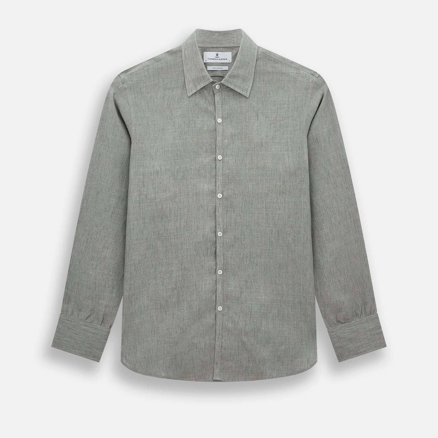 View 1 of product The Flint Grey Linen Westminster Shirt by Turnbull & Asser features long sleeves, a pointed Westminster collar, white buttons, and fine British craftsmanship, shown on a plain white background.