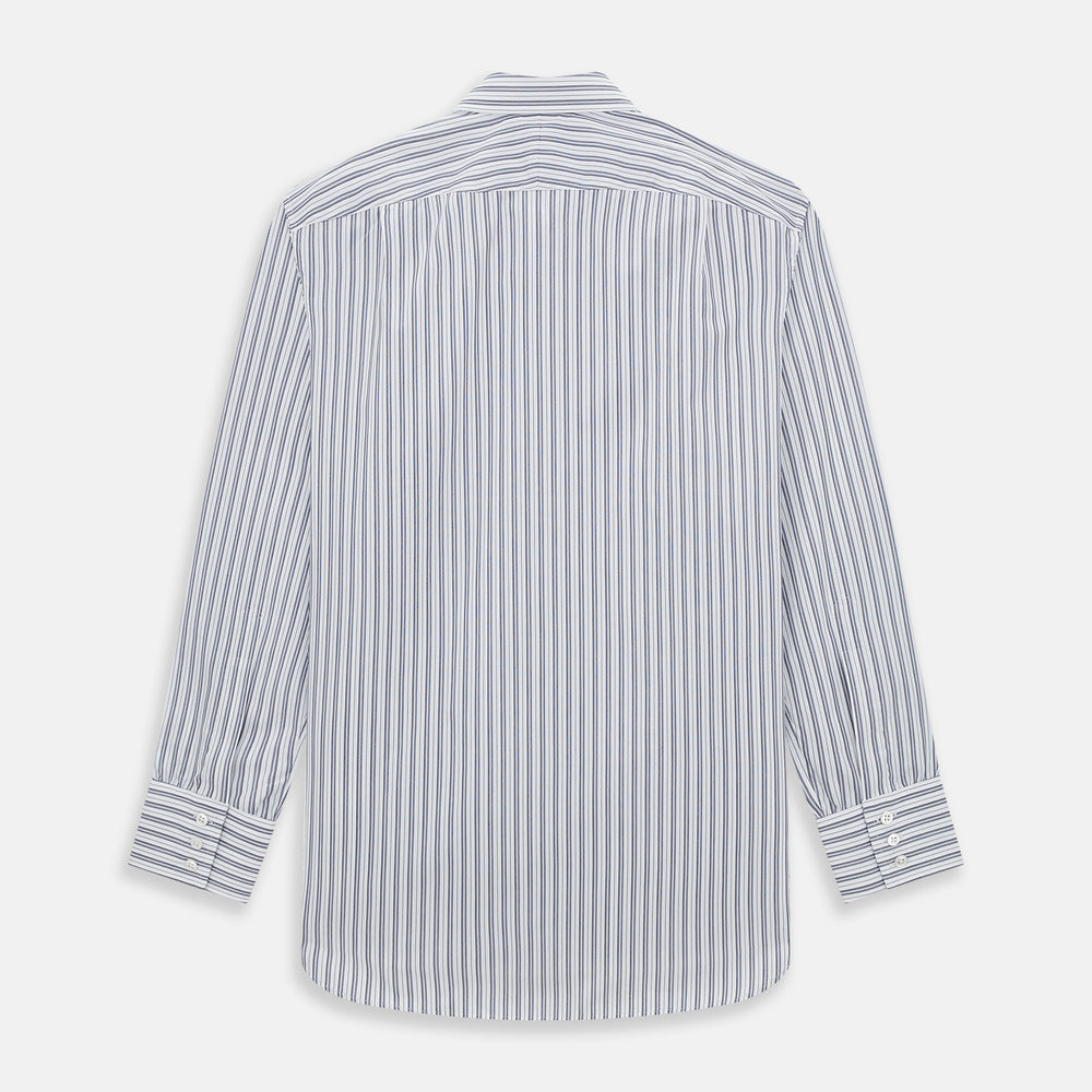 The Turnbull & Asser Navy Multi Stripe Mayfair Shirt, a pure cotton button-up with long sleeves and a collar, features thin vertical blue and white stripes and is displayed flat on a white background.