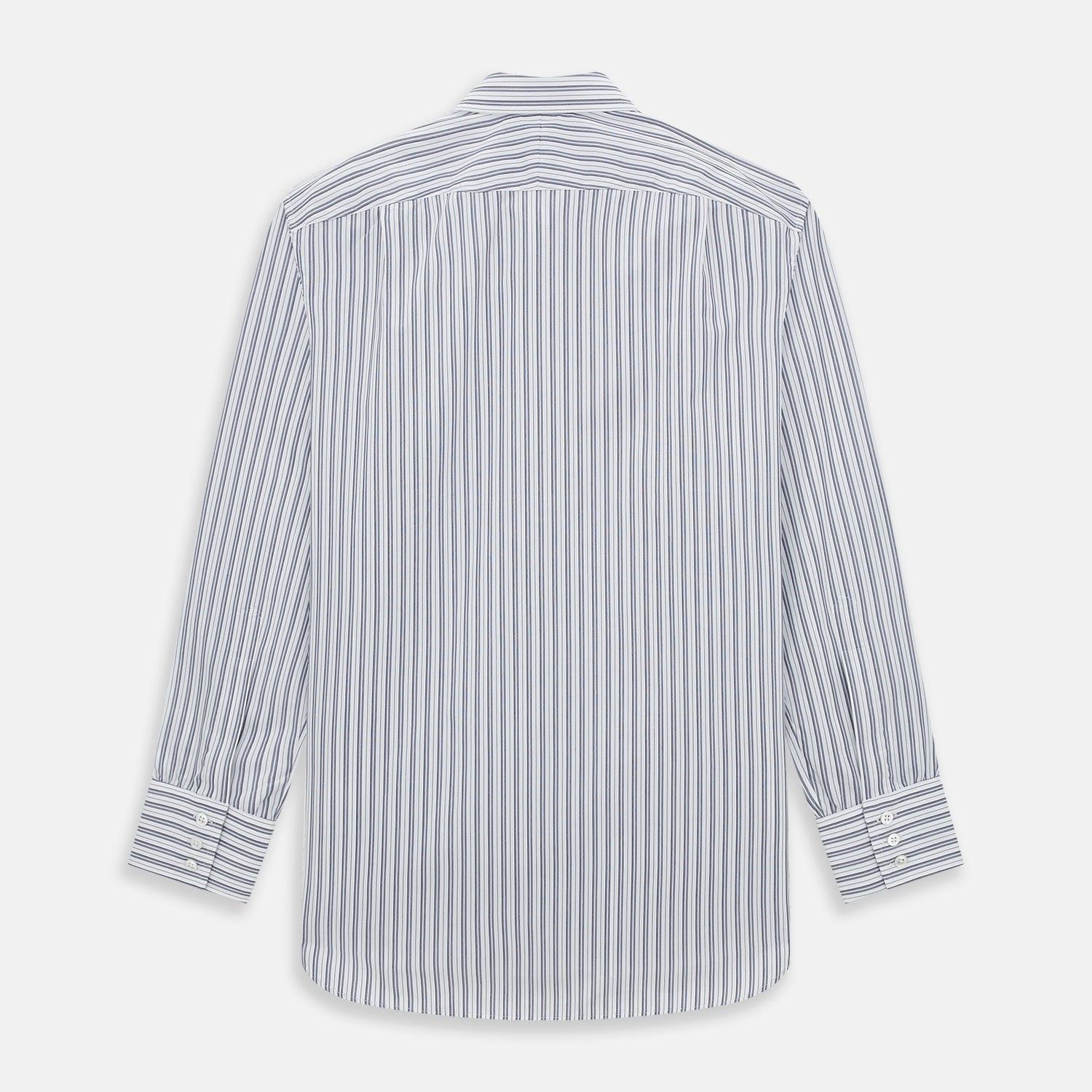 View 3 of product The Turnbull & Asser Navy Multi Stripe Mayfair Shirt, a pure cotton button-up with long sleeves and a collar, features thin vertical blue and white stripes and is displayed flat on a white background.