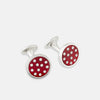 View 1 of product Turnbull & Asser Burgundy Spotted Circle Enamel Cufflinks feature round burgundy faces with evenly spaced white polka dots—a refined accessory for men.