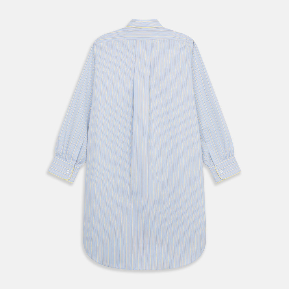 The Turnbull & Asser Blue and Yellow Stripe Poplin Cotton Nightshirt features light blue and yellow vertical stripes, long sleeves, a classic collar, single chest pocket, rounded hem, and is displayed flat on a white background.