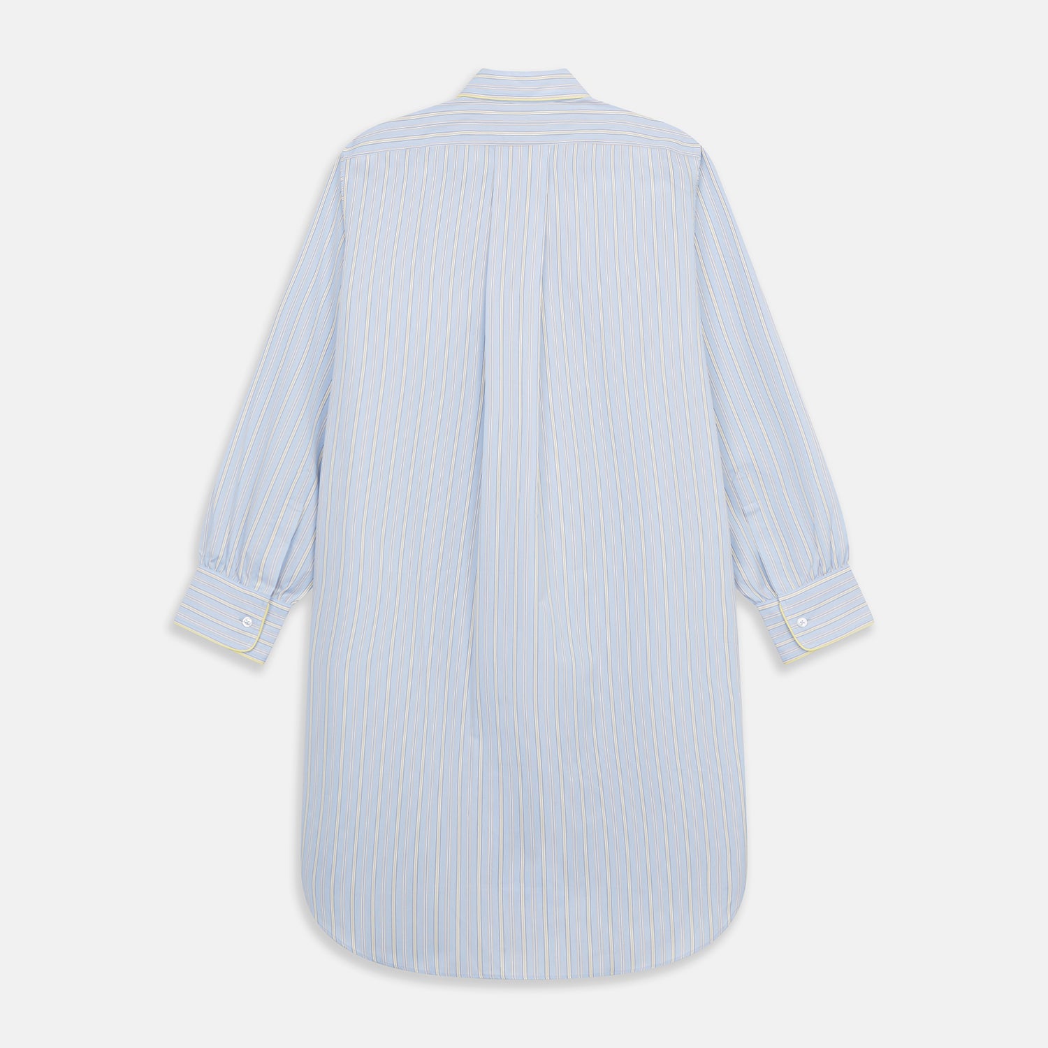 View 5 of product The Turnbull & Asser Blue and Yellow Stripe Poplin Cotton Nightshirt features light blue and yellow vertical stripes, long sleeves, a classic collar, single chest pocket, rounded hem, and is displayed flat on a white background.