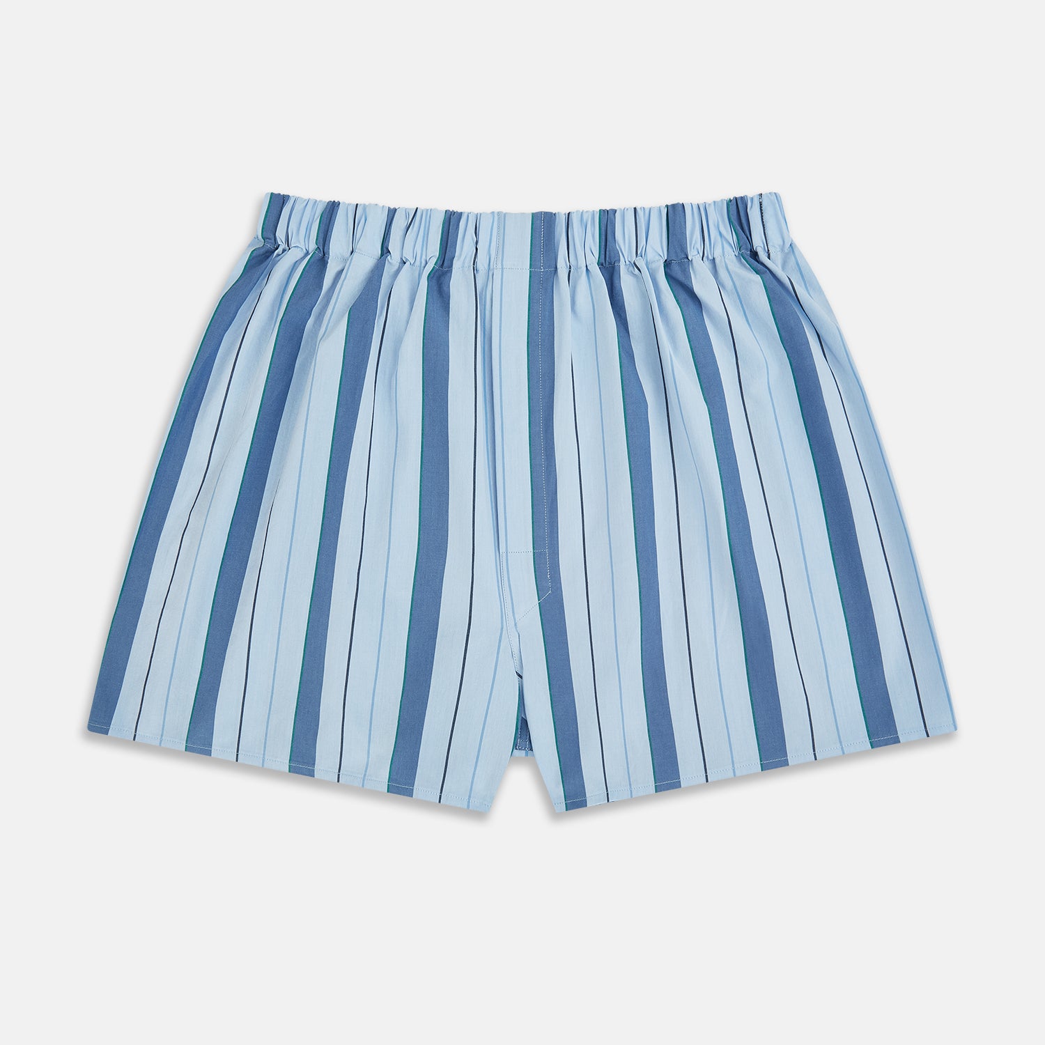 View 1 of product Turnbull & Asser’s Blue Blazer Stripe Godfrey Boxer Shorts are crafted from premium Italian cotton with vertical blue stripes on white and a comfortable elastic waistband—a refined choice in luxury men’s underwear.