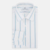 View 5 of product The Turnbull & Asser Turquoise Track Stripe Mayfair Shirt is crafted from Italian cotton with long sleeves, turquoise vertical stripes, a classic collar, and buttoned cuffs, displayed on a plain white background.